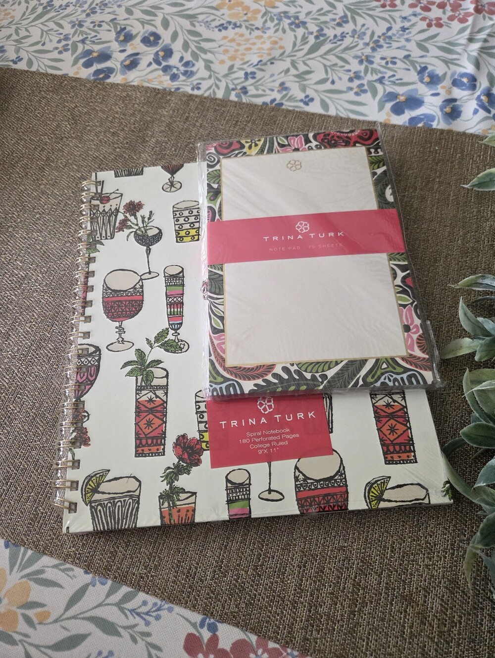 Trina Turk White Stationery Set with Pink, Black & Green Accents